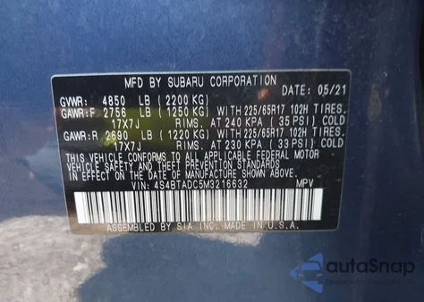 2021 Subaru Outback Premium from USA, damaged, VIN 4S4BTADC5M3216632